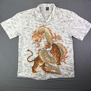 Men Vintage Claudio Nucci Dragon Tiger All Over Print Button Up Shirt Y2K Sz L